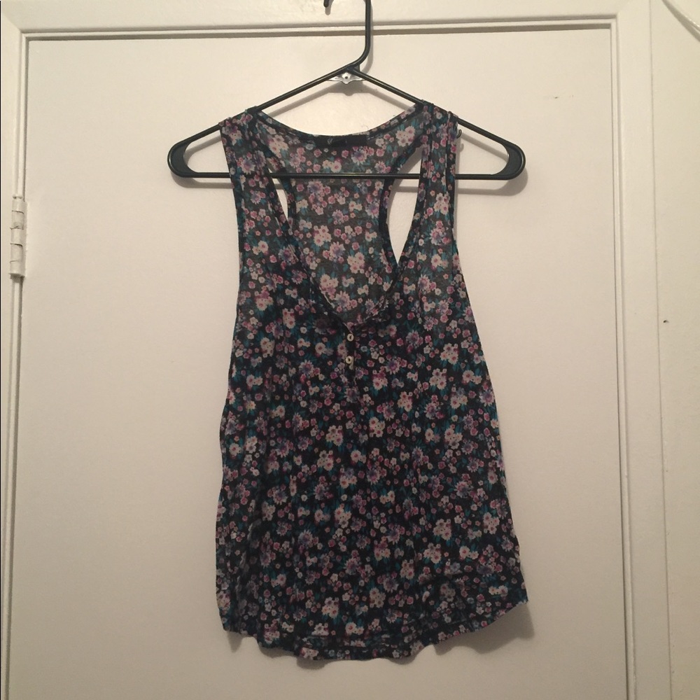 Floral print on black tank with buttons